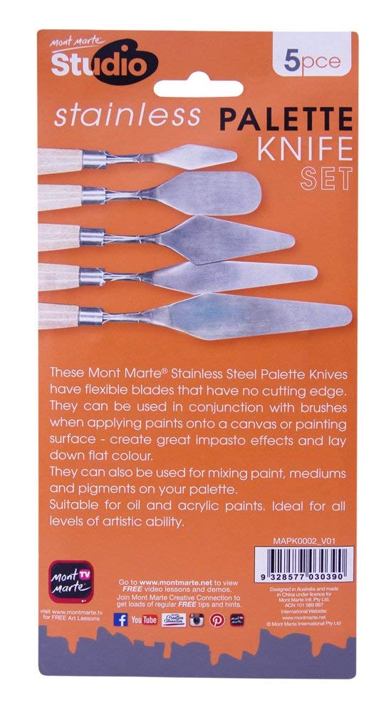 Mont Marte Studio Palette Knife Set, 5 Piece. Selection of Different Sizes and Styles of Stainless Steel Palette Knives.