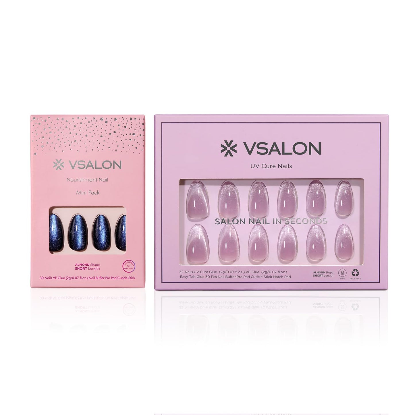 VSALON Press on Nails Almond - Deep Blue Cat Eye & Ombre Lavender Cat Eye French Tip