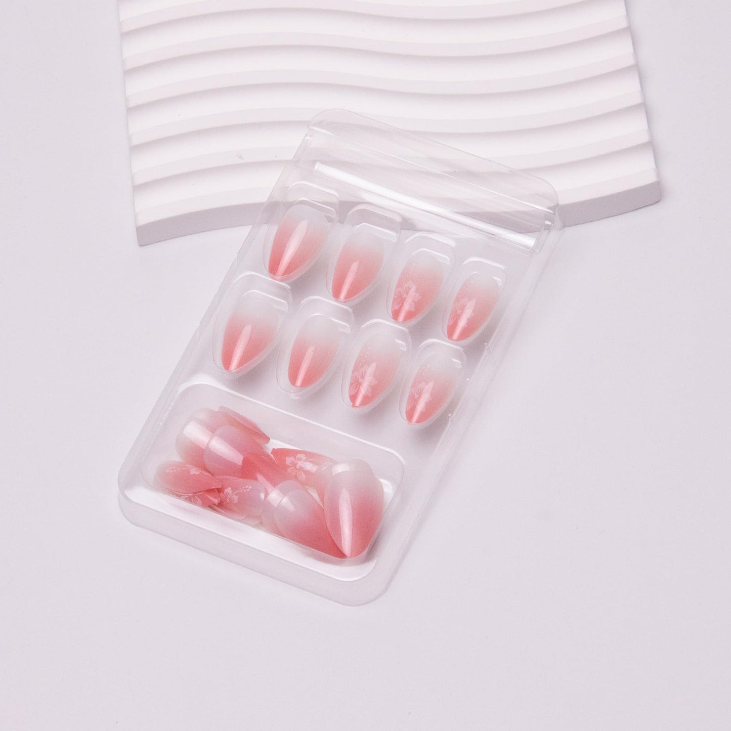 Ombre Press on Nails - Short Almond Pink Flowers Acrylic False Nails Glossy Gradient 24Pcs