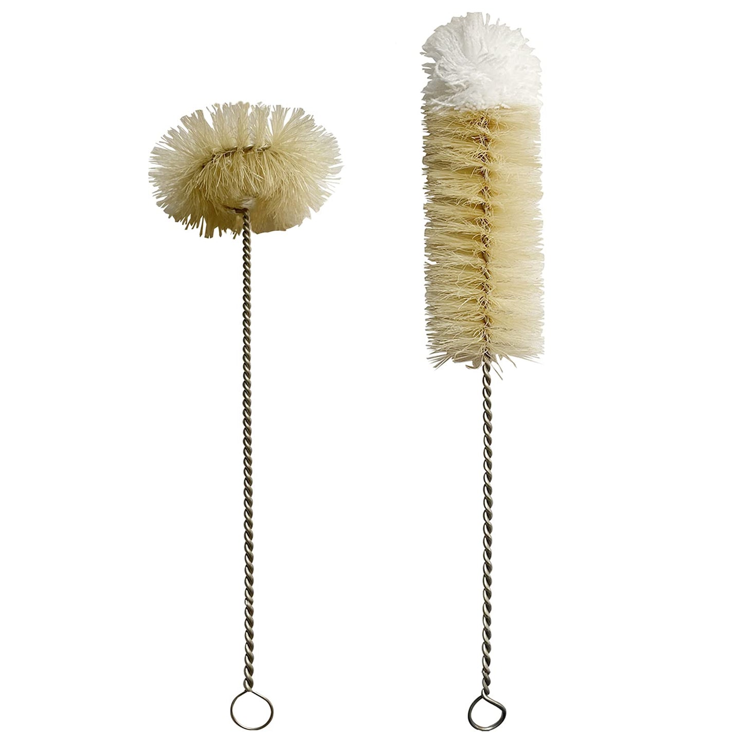 Coralpearl Bottle Brushes Thin Long Handle X 2, Skinny Wire Cleaner Set in Stainless Steel with Natural Boar Bristle at Wool Tip, Bendable Flexible for Cleaning Narrow Neck Bottles, Pipe, Tube, Hose