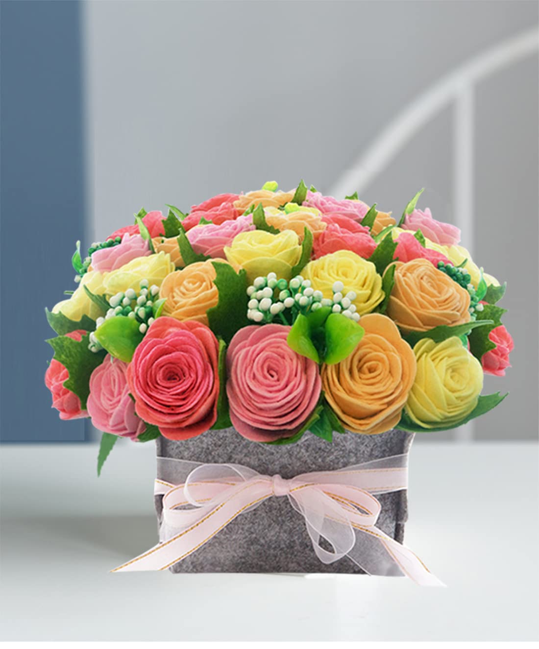 DIY Felt Flower Art Craft Kit, DIY Rose Pot Bonsai Kit, Beginner Floral Gifts - Arrange Pre-Cut Flowers and Foliage - Red, Pink, Yellow