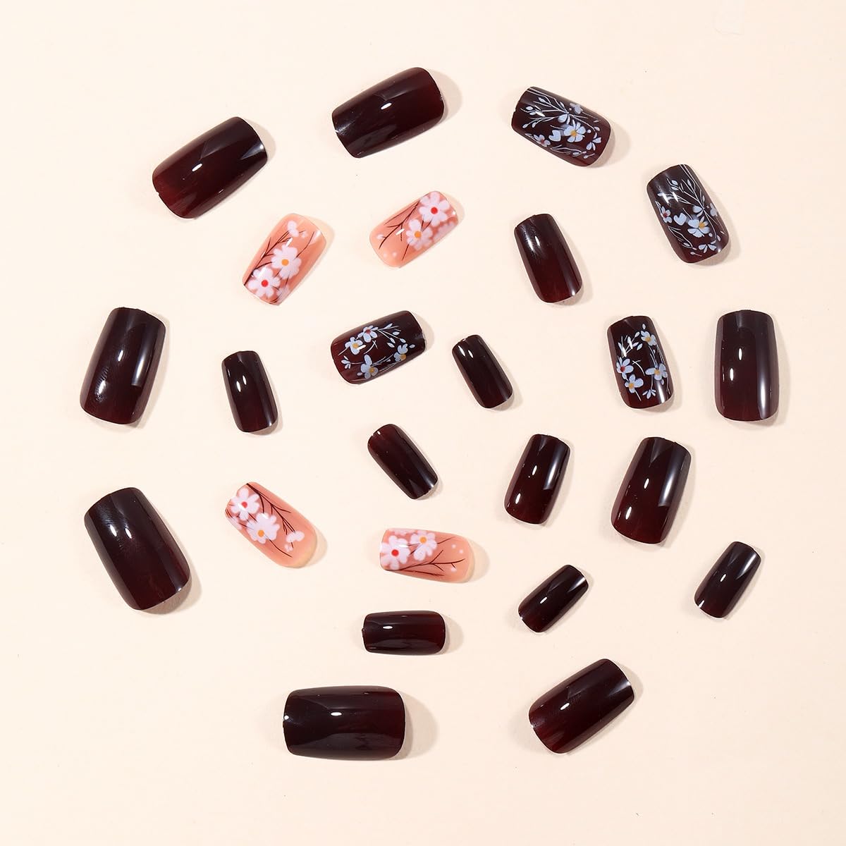 Fall Press on Nails Square - Medium Fake Nails with Flower Design - Brown False Nails Press ons - for Women 24 Pcs