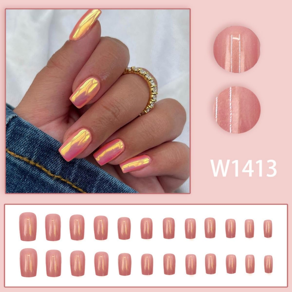 Pink Press on Nails Medium Square Nails Fake Nails Hot Pink Nail Press ons Chrome Glossy Glue on Nails Full Cover Shiny Acrylic Stick on Nail for Women Manicure 24Pcs