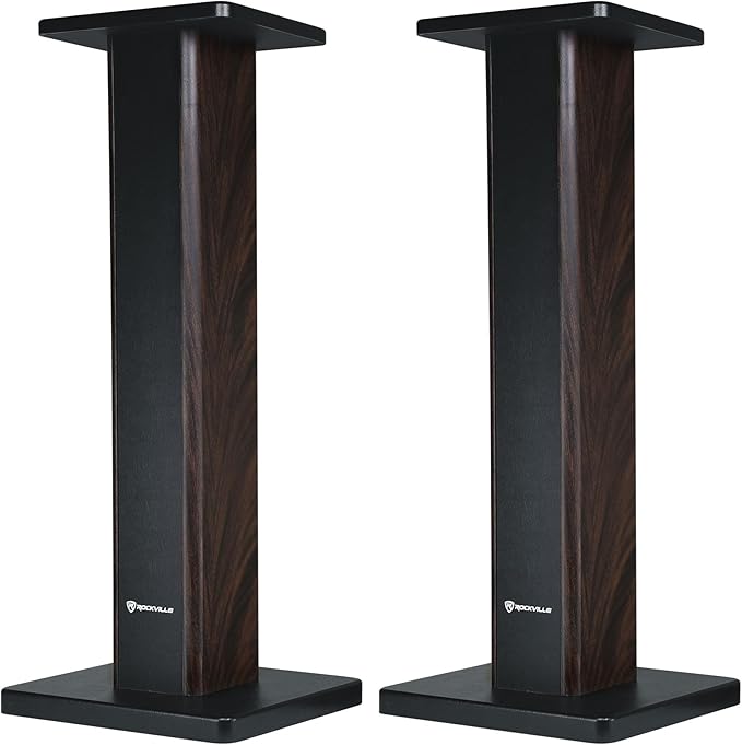 Rockville Pair RHT28D 28" Bookshelf Speaker Stands, Dark Wood Grain, 60 lbs Capacity, Sand-Fillable Design, Dual Platform Sizes, Anti-Slip Pads, for Home Theater and Studio Monitors