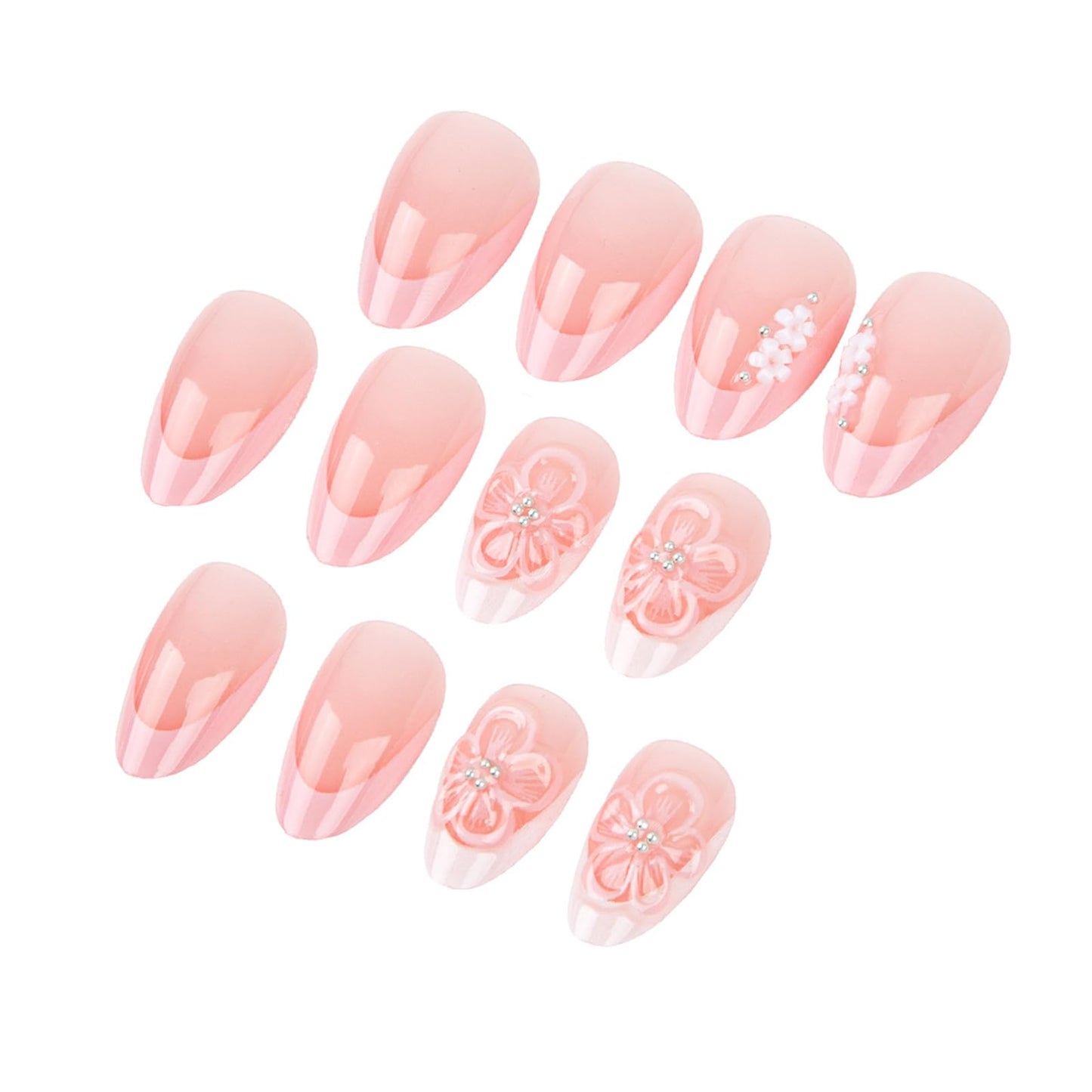 Spring Summer Press on Nails Almond Medium Fake Nails with Design Flower Stick on Nail Pink French Acrylic False Nail Cute Rhinestone Artificial Nail Glossy Full Cover Glue on Nails for Women