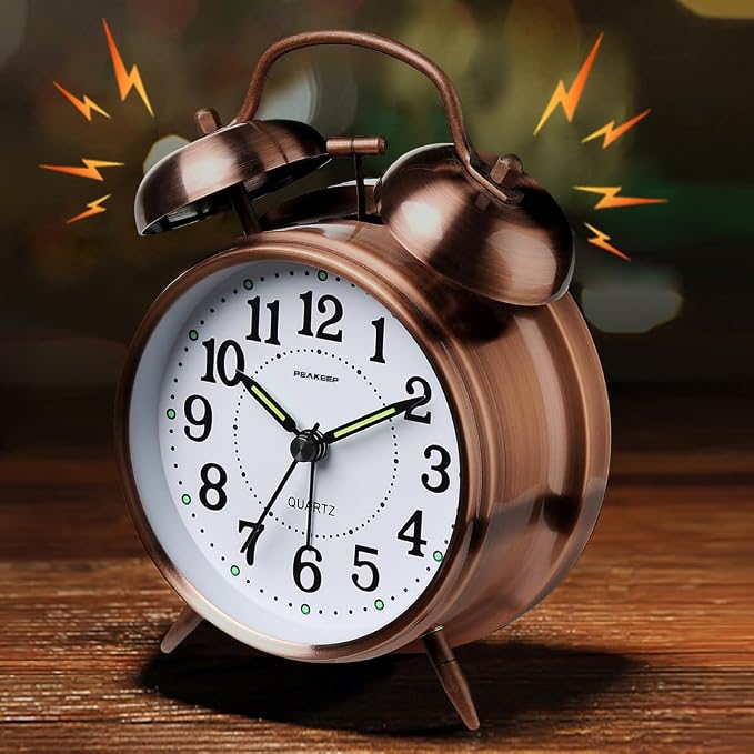 Peakeep Retro 4.5 inches Battery Operated Twin Bell Loud Alarm Clock | for Heavy Sleepers Adults, Old Fashioned Back to 80?€?s for Bedroom Desk Living Room Kids' Room Decoration (In-Bronze)