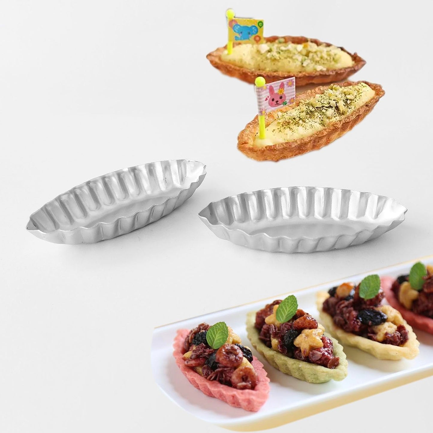 Heluok Tiny Tart Pan Boat Shape, 10PCS Egg Tart Mold Fluted Edge, Wave Flower Aluminum Baking Tool, Reusable Dessert Tray for Small Tartlets, Quiches