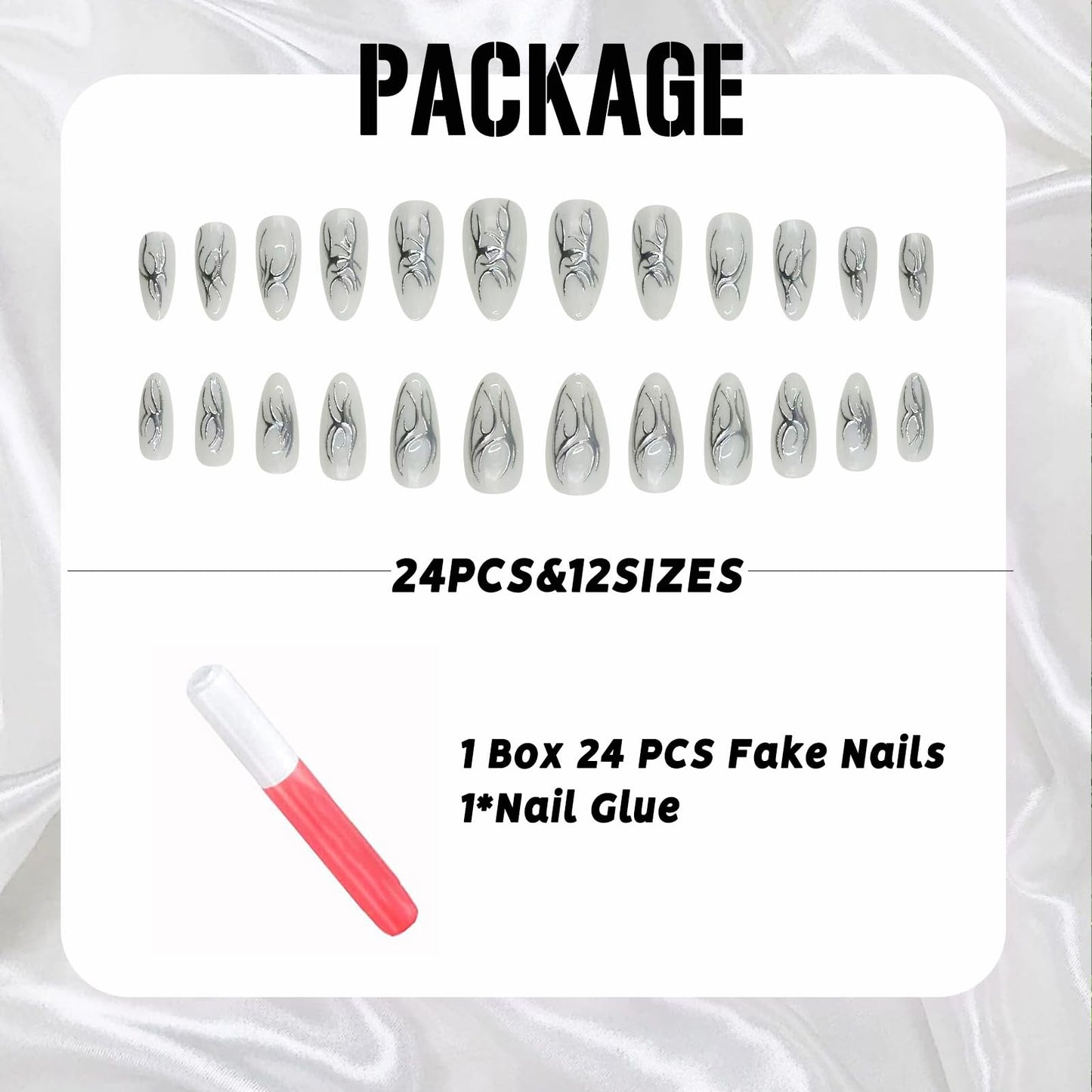 IMSOHOT White Press on Nails Medium Almond, Metallic Chrome Silver Totem Design, Full Cover Acrylic Glossy Gel Stick on Fake Nails Handmade Artificial False Nails 24Pcs