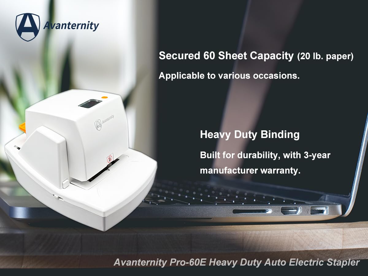 Avanternity's Pro-60E Heavy Duty Auto Electric Stapler (Value Kit + Extra 1 Staple Cartridge Pack) - Secured 60 Sheet Capacity, Includes 35,000 Staples