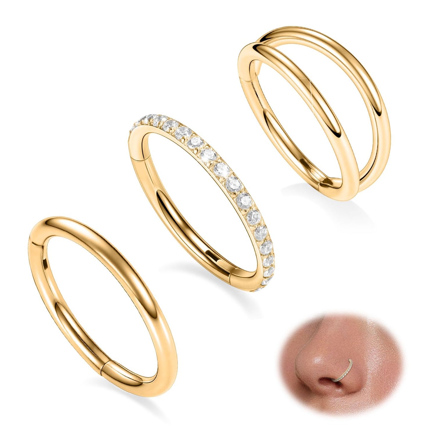 Conch Piercing Jewelry 16g Nose Hoop Double Hoop Septum Ring With CZ Clicker Surgical Steel Lip Rings Helix Earring Gold Cartilage 12mm