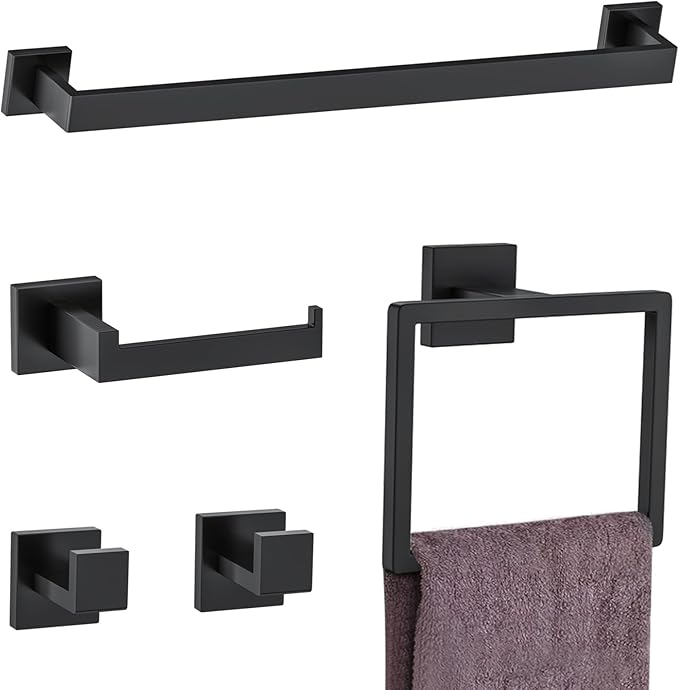 5 Pieces Towel Bar Set Matte Black Bathroom Hardware Accessories Set Include Towel Rack TP Holder Towel Ring Coat Hooks Stainless Steel Wall Mounted Towel Holder Set for Bathroom,23.6 in