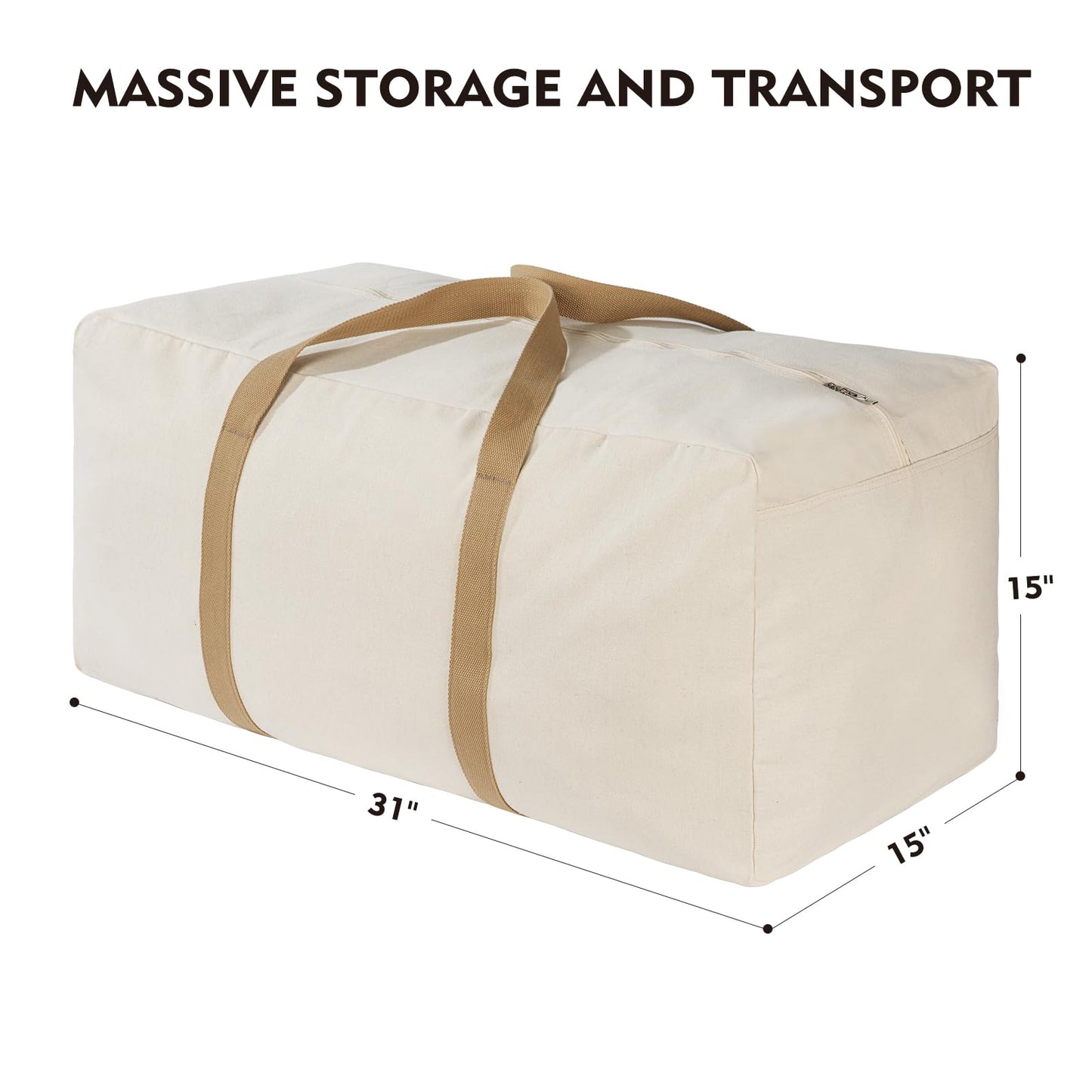 GORISEN Canvas Storage Duffle Bag, Large Capacity Moving Bag with Tan Handles, Washable and Reusable (1, BEIGE, 31''x15''x15'')