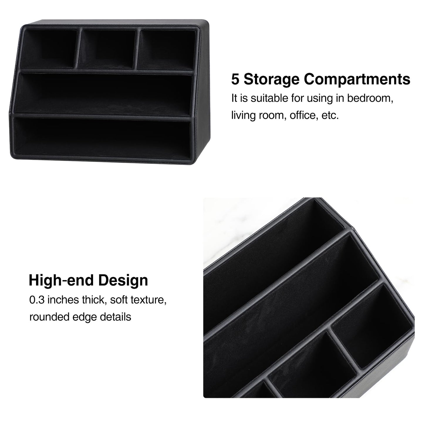 MEIBOOCH PU Leather Desk Organizer, Luxury Remote Control Holder for Home, Office Desk Accessories Table Caddy Bedside Nightstand Organizer (Black)