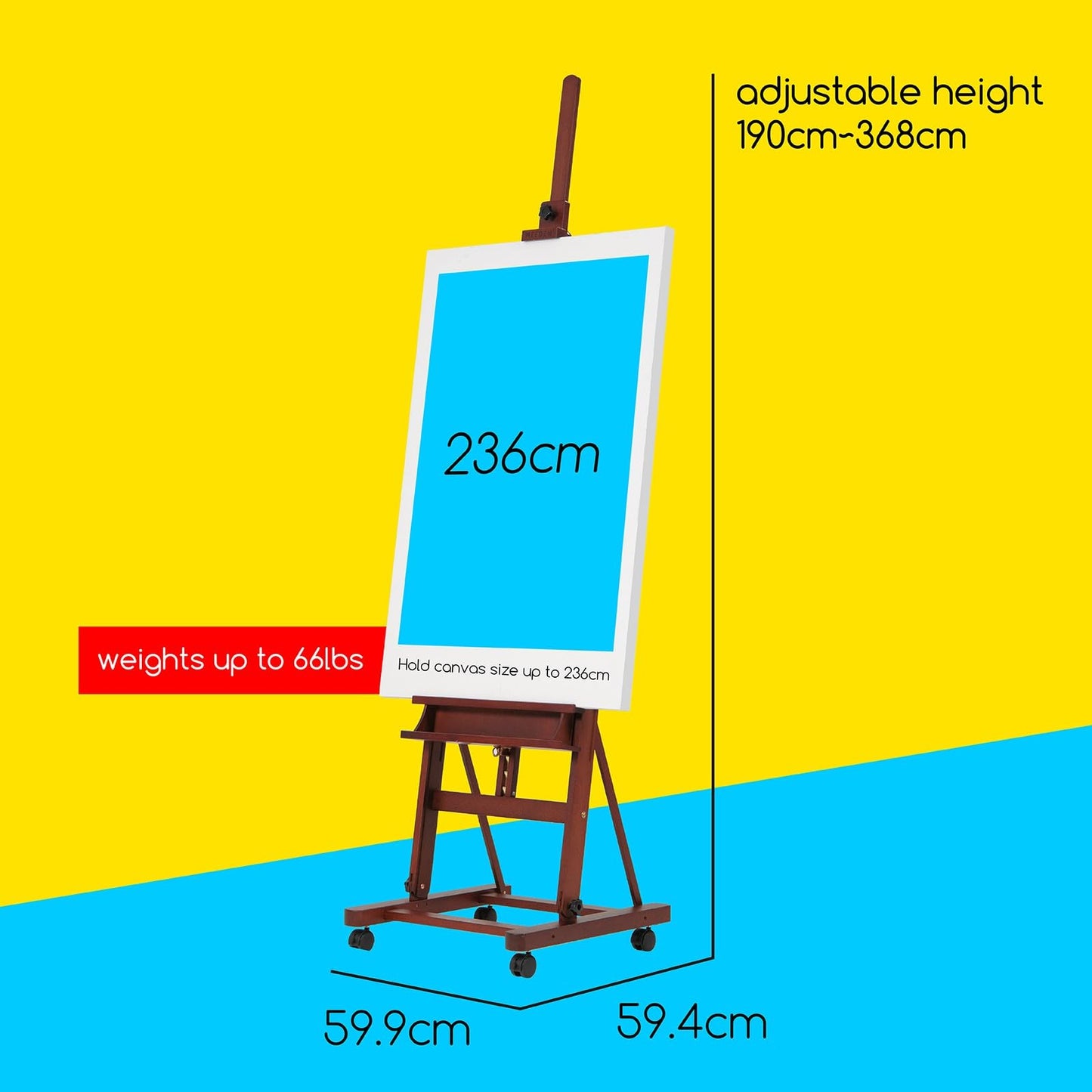 MEEDEN Easel Stand for Painting and Display, Adjustable H Frame Floor Art Easel for Drawing, Heavy Duty Beech Wood Hold Canvas up to 146", 4 Wheels & Storage Tray - Professional for Sign, Studio