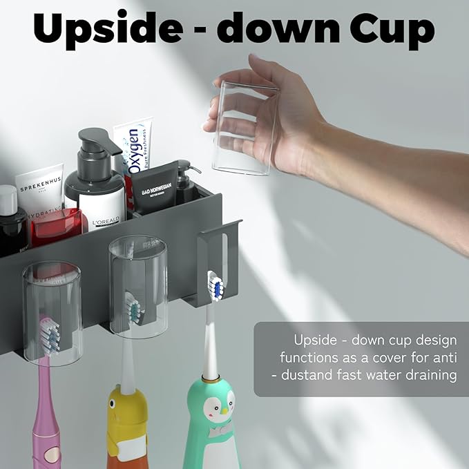 Toothbrush Holders for bathrooms, Toothbrush Holders Wall Mounted, Self-Adhesive Aluminum Toothbrush Organizer, Family-, Storing toothbrushes, Razors, Combs and ot(Titanium Gray)