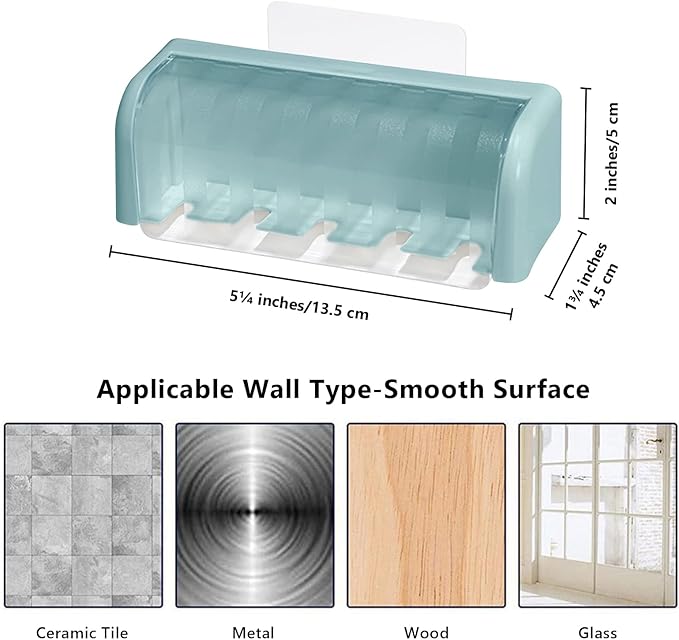 5 Slots Toothbrush Holder Wall Mount with Cover, Self Adhesive Toothbrushes Storage Organizer Perfect for Dorm Bathrooms and Shower, Holds 5 Toothbrushes. (Blue)