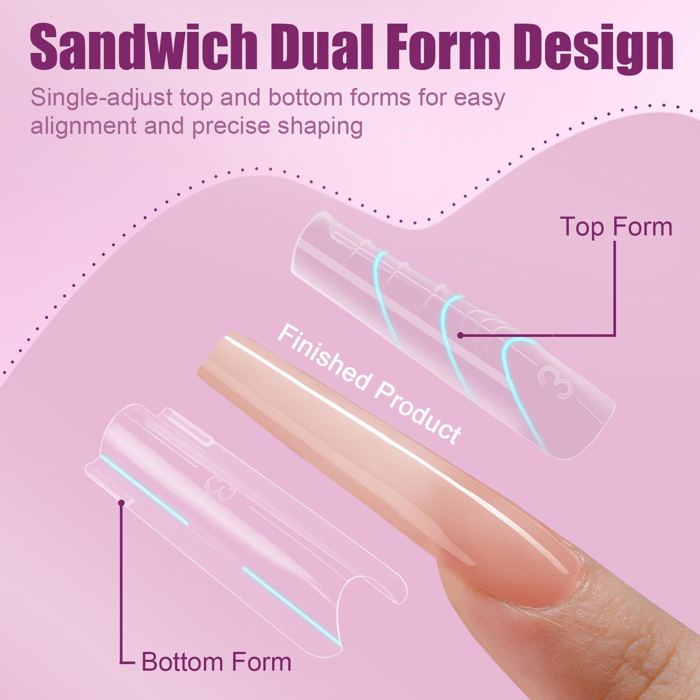Vnjaoi 280 Pcs Original Sandwich Nails Dual Form with Guide Lines Long Square Nail Mold for Builder Gel Nail Extensions Art Design Salon DIY at Home