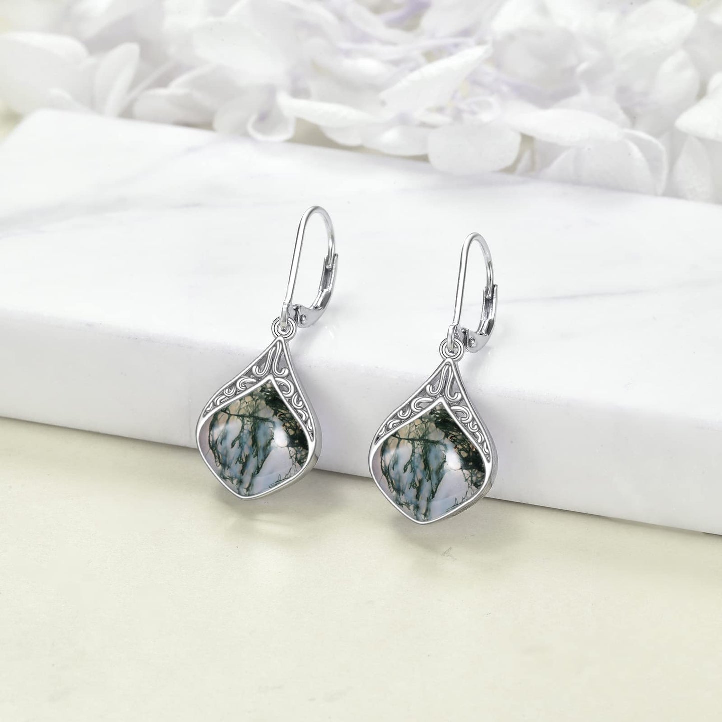Moss Agate Earrings Sterling Silver Filigree Irish Celtic Teardrop Seaweed Agate Drop Earrings Jewelry Christmas Gifts For Women
