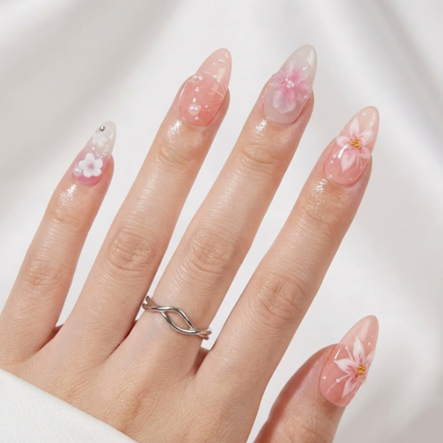 Pink Nude Cherry Blossom Press on Nails, Medium Almond Handmade 3D Flower Fake Nails with Pearl & Rhinestone Designs, Reusable Cute Stick on Nails Spring False Nails for Women 24Pcs