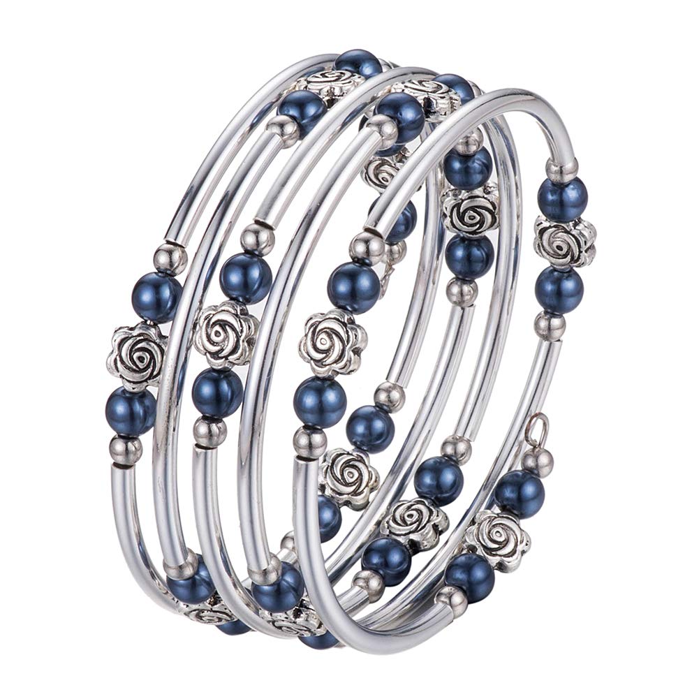 BULINLIN Wrap Bangle Rose Bead Bracelet - Beaded Bracelet with Natural Agate Stone Gifts For Women(01-Navy blue pearl)