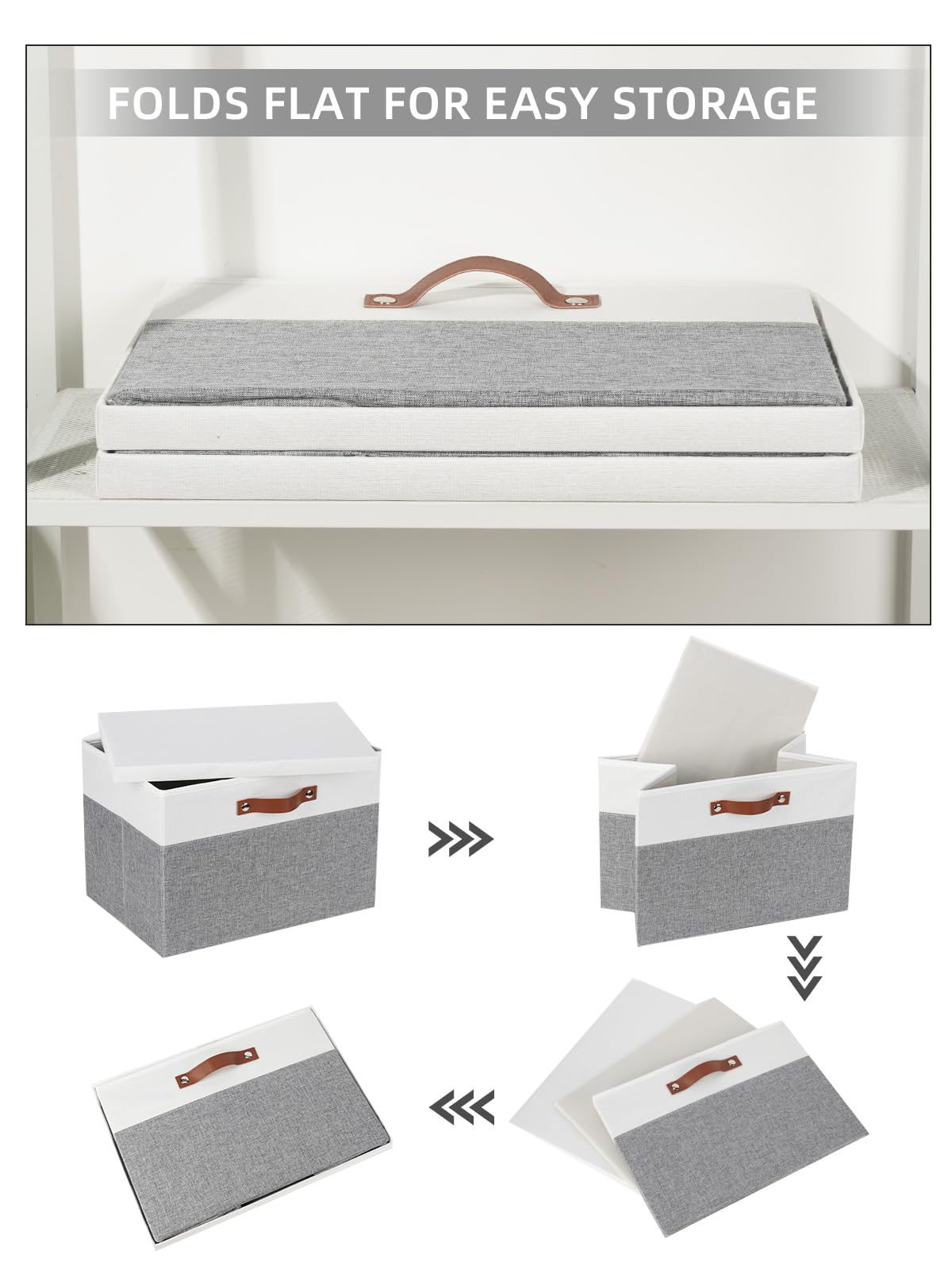 DULLEMELO Fabric Storage Bins with Lid, Set of 2 Large Decorative Storage Boxes for Shelves with Leather Handles, Foldable Storage Baskets for Closet (White&Grey, 17" L x 12" W x 12" H)