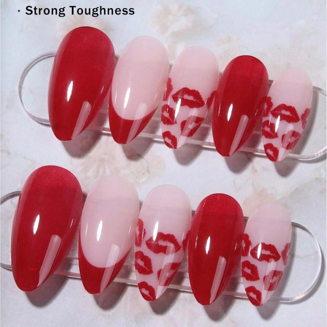 Valentine's Day Press on Nails Medium Almond Fake Nails Red French Tip False Nails with Lips Design Glue on Nail Full Cover Artificial Acrylic Stick on Nail for Women Manicure 24Pcs