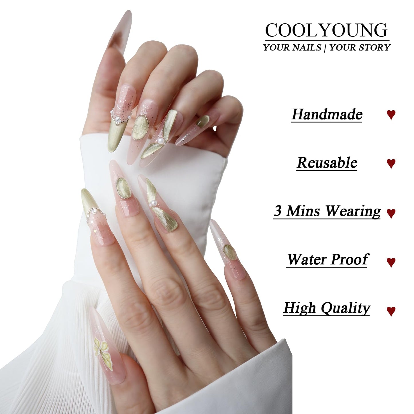 Handmade Press On Nails Long Green Press On Nails Acrylic Nude Nails Women Gifts French Press On Nails COOLYOUNG Handmade Nails, 15 PCS, Size M