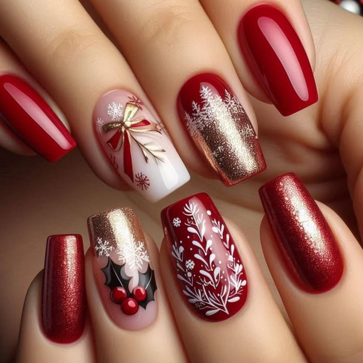 24Pcs Christmas Holly Press on Nails Red Coffin Fake Nails Gold Glitter Tip Medium False Nails with Bow Snowflake Full Cover Glue on Nails Xmas Winter Acrylic Nail for Women Holiday Manicure Kit