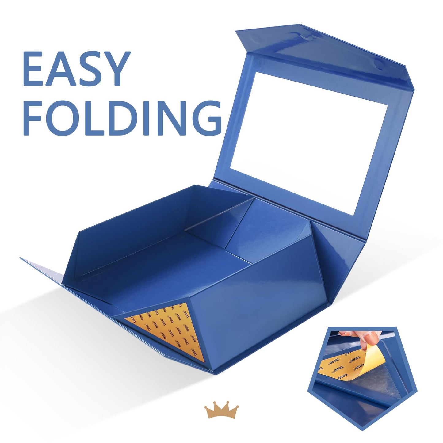 PACKQUEEN Large Blue Gift Box with Window, 13.5x9x4.1 Inches Clear Gift Box for Present Contains Ribbon, Card, Groomsman Proposal Box with Magnetic Lid (Glossy Blue)
