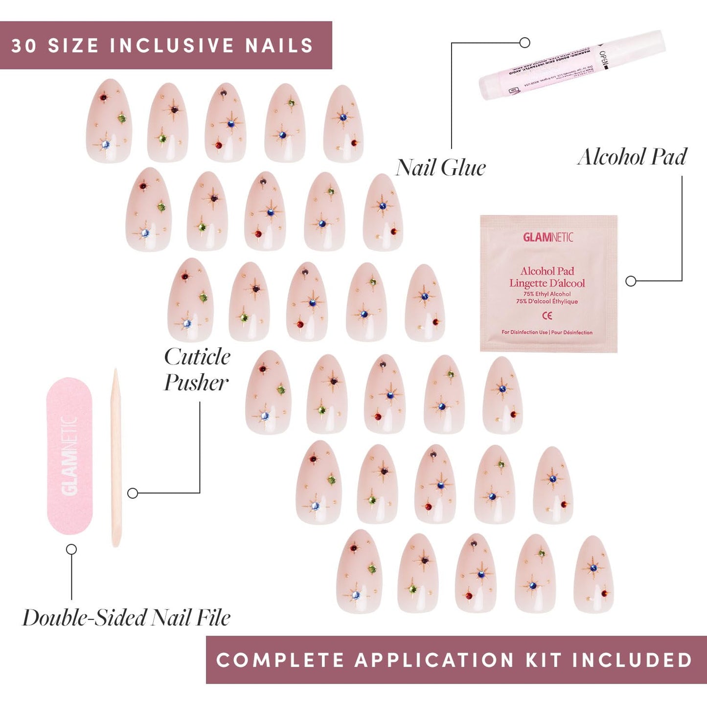 Glamnetic Press-On Nails Bundle - North Star & Hailey | Short Almond Fake Nails with 3D Multicolor Gems | Glazed Short Almond False Nails | Reusable, Salon-Quality Nail Kits