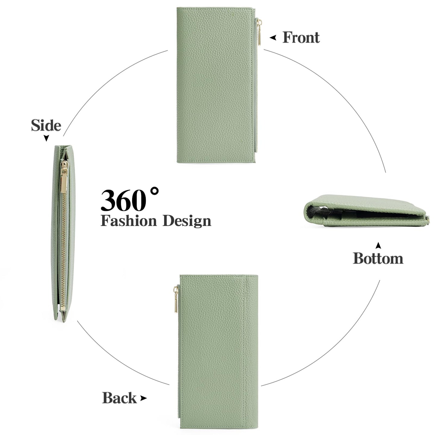 GOIACII Slim Wallet for Women Rfid Blocking Credit Card Holder with Zip Pocket Bifold Vegan Pebble Leather Green