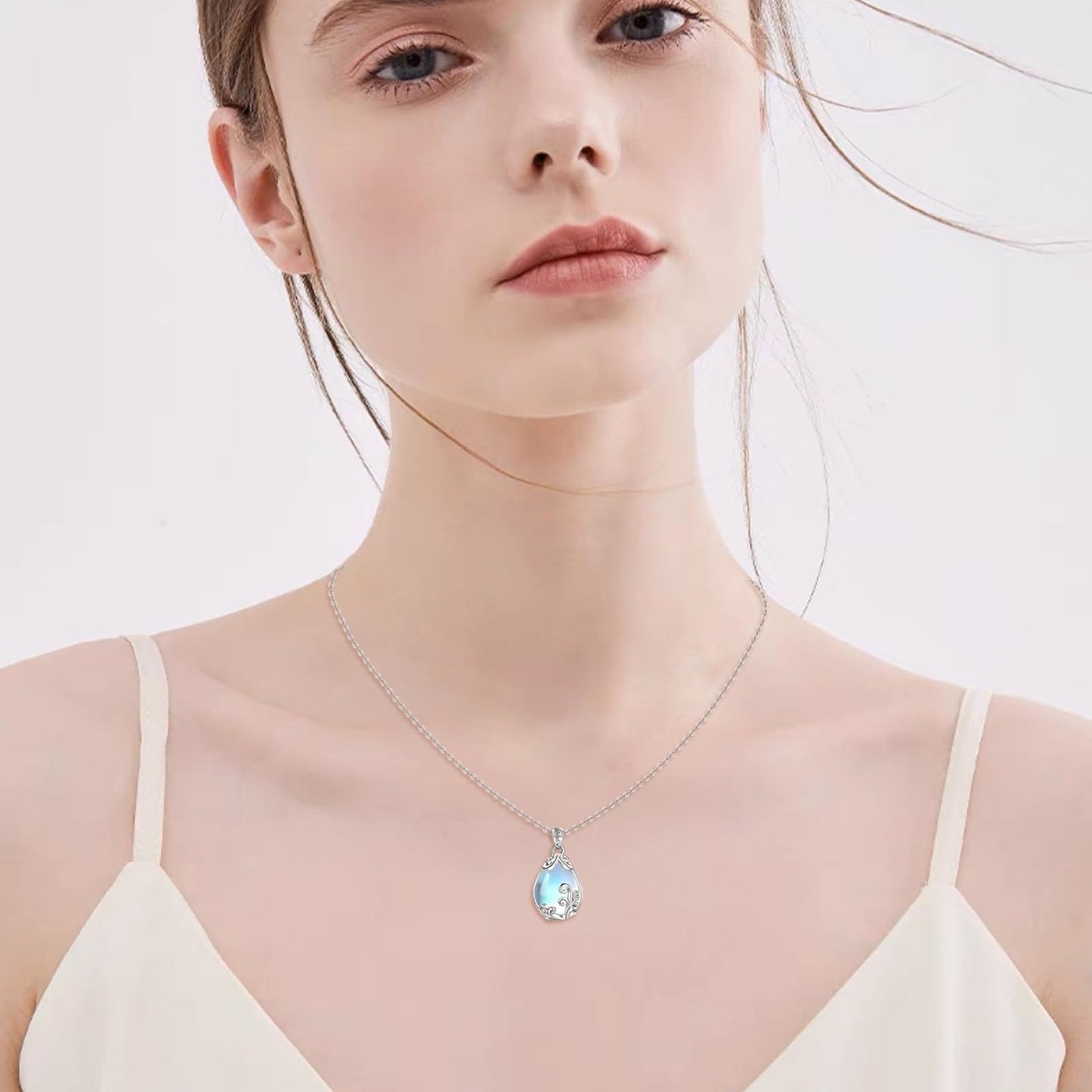POPLYKE Sterling Silver Moonstone Filigree Teardrop Pendant Necklace Gemstone Crystal Jewelry for Women