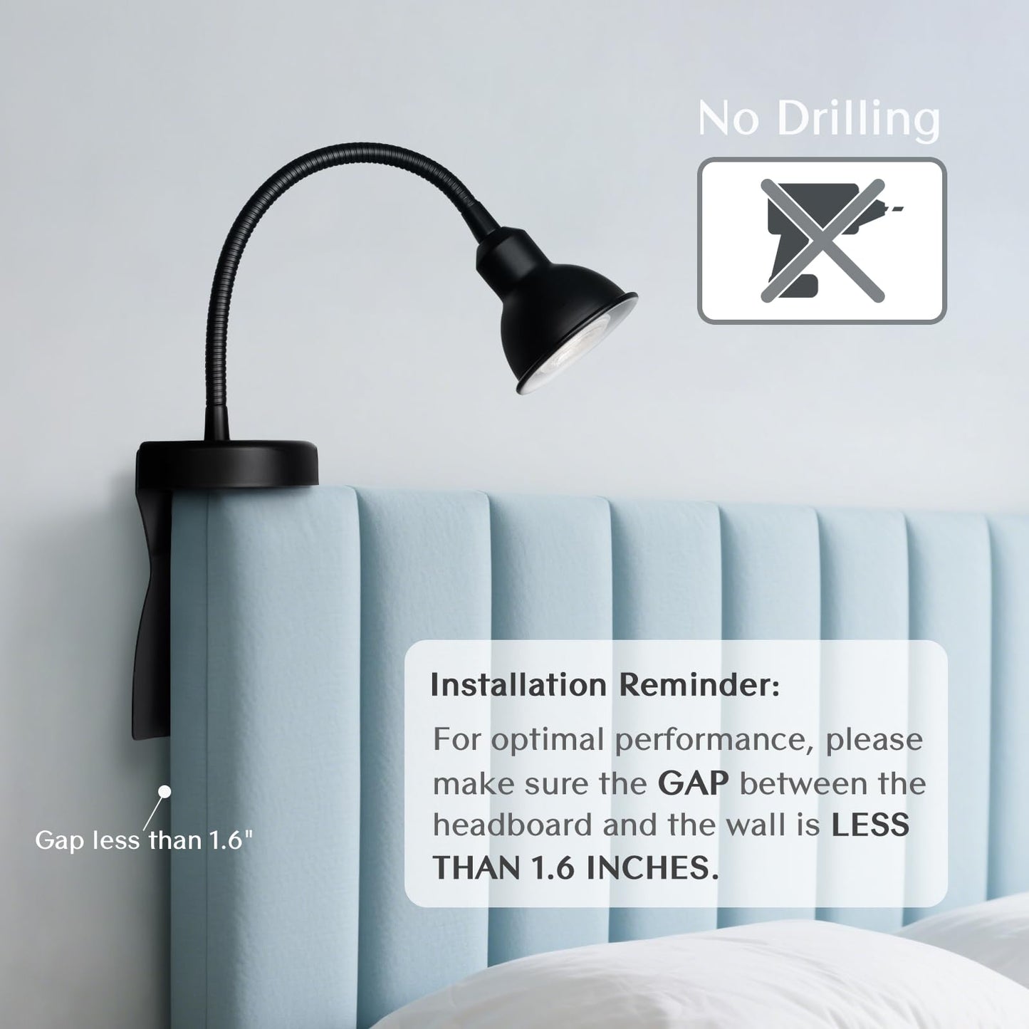 Solfres Patented Innovative Design Headboard Reading Light. No Drilling Golden Book Light for Bedtime Reading. Dimmable LED Book Reading Lamp with Bulb. Movable & Flexible, Black