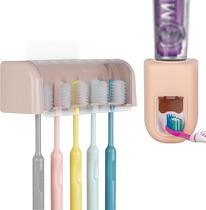 5 Slots Wall Mount Toothbrush Holder with Cover, Self Adhesive Toothbrush Storage Organizer for Shower, Toothbrush Hanger with Automatic Toothpaste Squeezer Dispenser (Pink)