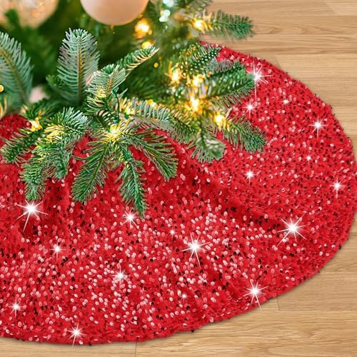 Red Glitter Tree Skirt 24 Inches Sequin Embroidery Velvet Christmas Tree Skirt for Table Top Porch Mini Tree Decoration