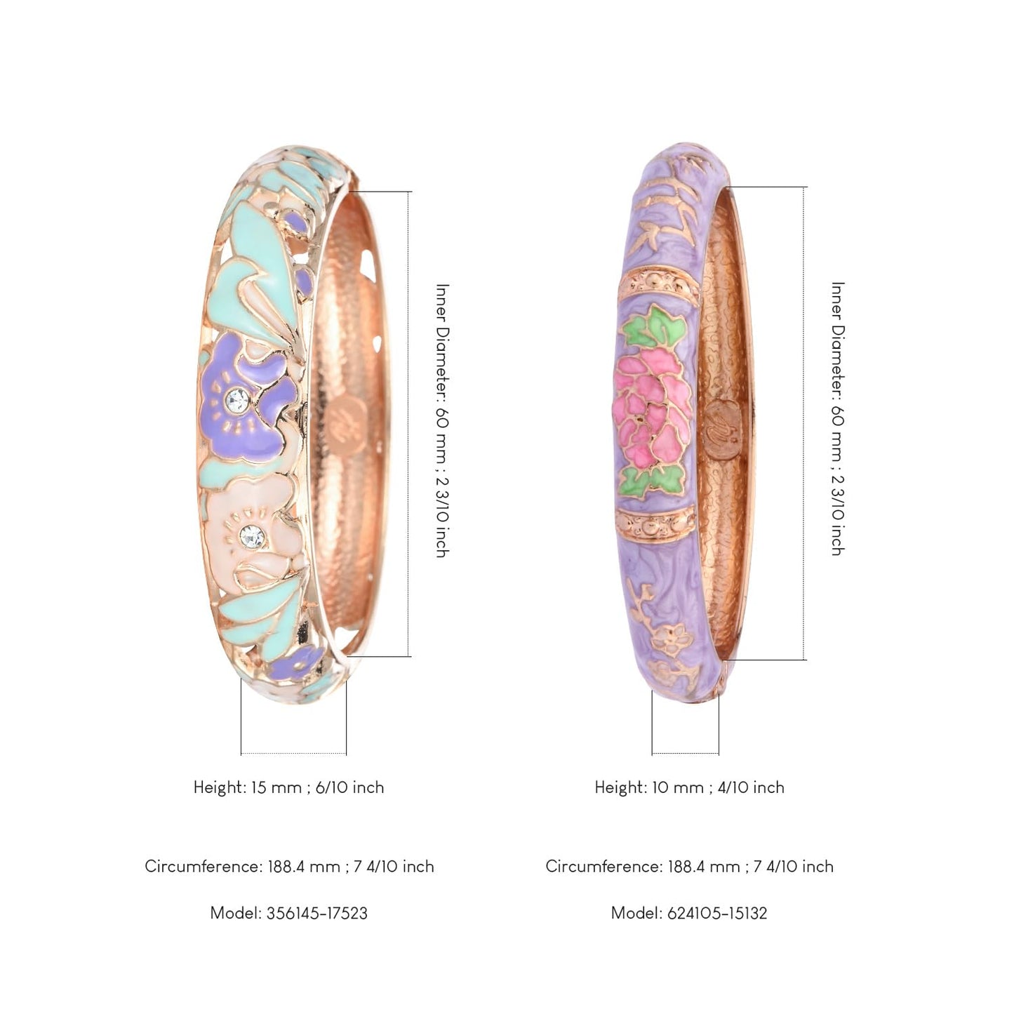 wynameleri Vintage Jewelry Cloisonne Handcrafted Enameled Gorgeous Rhinestone Flower Hinged Cuff Bracelet Bangles Gifts 88A08-55A127 Cream Purple