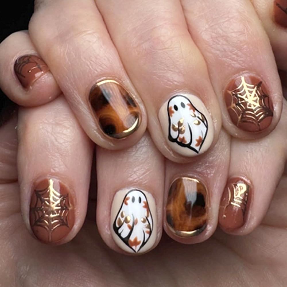 Press on Nails Halloween Short Square Fake Nails Fall Brown Ghost False Nail with Gold Cobweb Designs Full Cover Halloween Glue on Nails Reusable Acrylic Nail for Women 24Pcs
