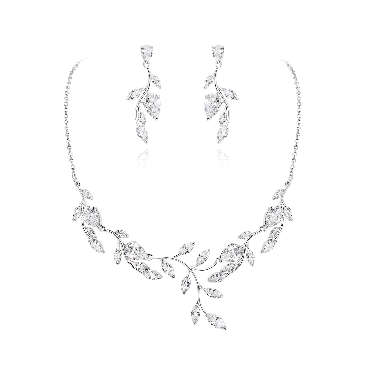 EVER FAITH Wedding Jewelry for Bride Bridesmaid, Sparkly Cubic Zirconia White Silver-Plated-Brass Pear Shaped Birthstone Leaf Bridal Choker Necklace Earrings Set for Prom