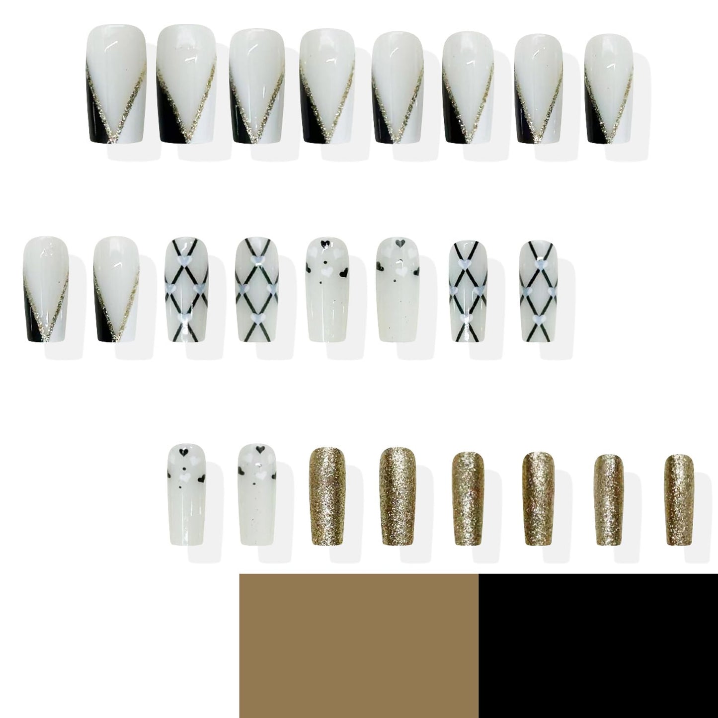 IMSOHOT Press on Nails Long Square Fake Nails with Heart, Golden Glitter Design Black White False Nails Stick on Nails for Women Acrylic Manicure Decoration