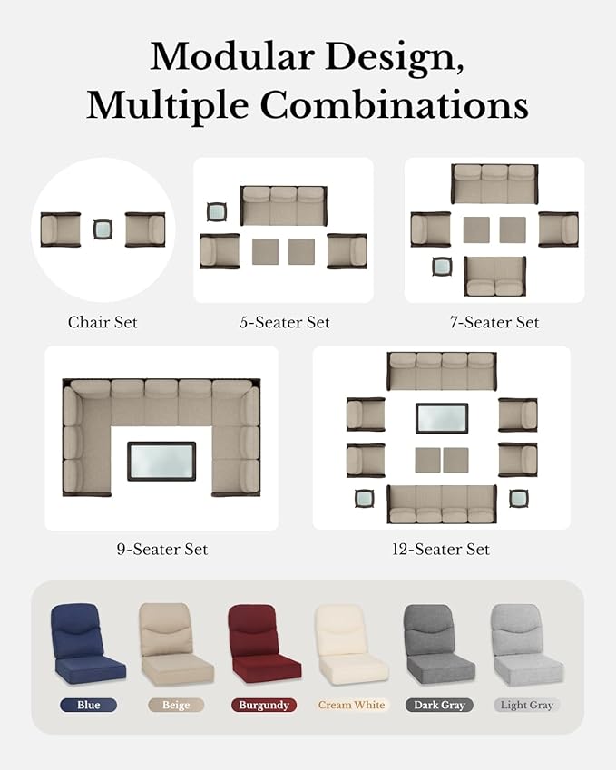 HILLGA Luxury Patio Furniture Set with 6-Inch Thick Cushions, High Back Outdoor Swivel Rocker Chairs and Table, 6-Piece All Weather Conversation Set for Porch Deck Balcony Yard, Blue (V3)