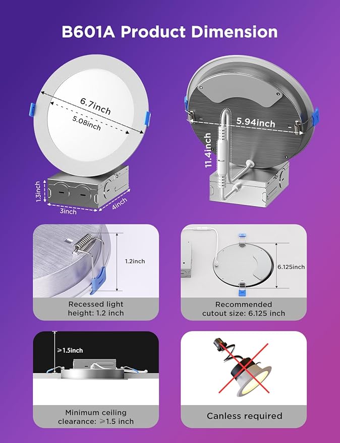 Govee Smart Recessed Lighting 6 Inch, Wi-Fi Bluetooth Direct Connect RGBWW LED Downlight, 65 Scene Mode, Canless Recessed Light Work with Alexa & Google Assistant with Junction Box, 1100 Lumen, 4 Pack