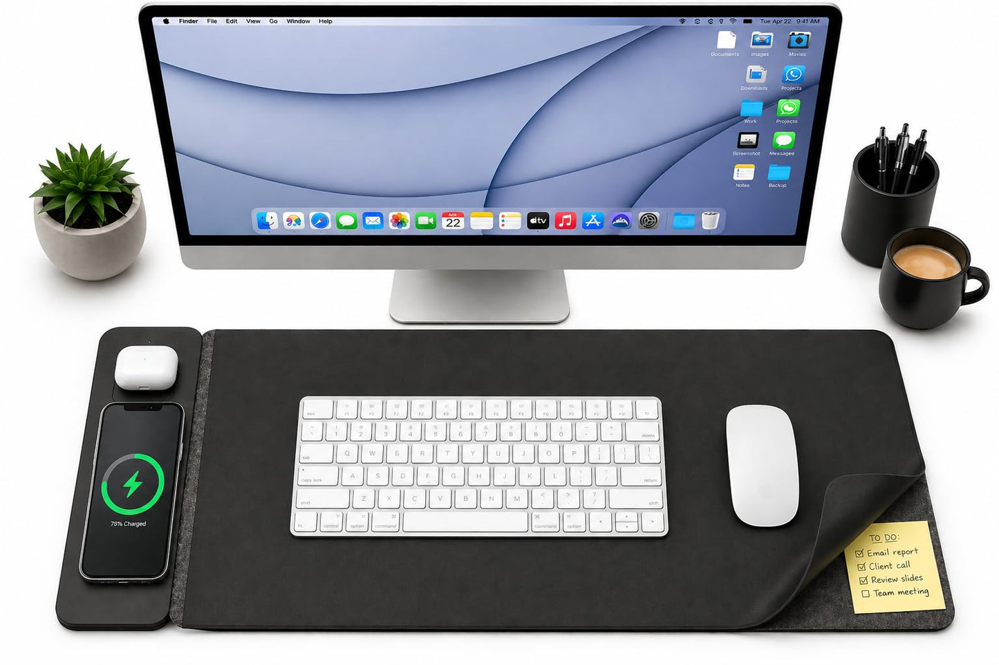 Triple C Tech Wireless Charging Desk Mat – 15W MagSafe Compatible & Qi Fast Charger, Detachable Magnetic Charger, Dual-Layer PU Leather with Hidden Felt Storage, 30.7" x 14.6", Black