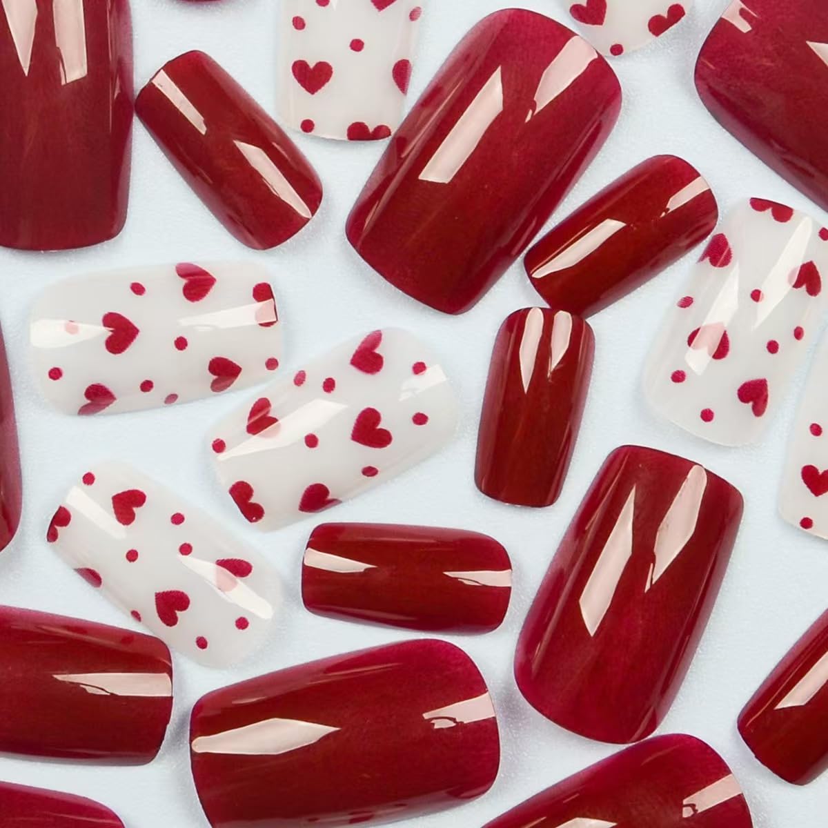 Red Press on Nails Square Medium Fake Nails with Heart Design Valentine's Day False Nails for Women 24 Pcs