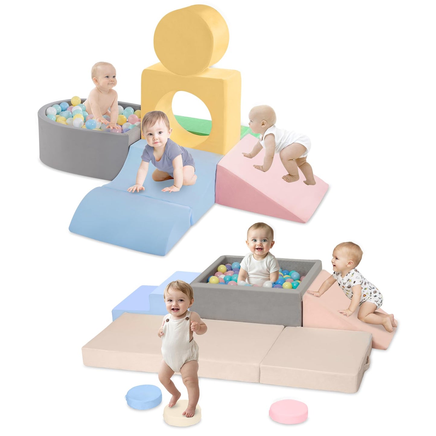 CAMELUS Climbing Toys for 1 Year Old, Soft Play Set Baby Foam Climbing Blocks for Toddlers (6- Piece) + (7-Piece)