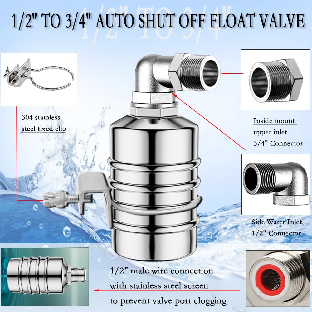 Float Valve,1/2" to 3/4'' water level control float valve, 304 Stainless Steel Fully Automatic Watershut off valve, Automatic Water Level Controller for Tank, Pool, Livestock Troughs.