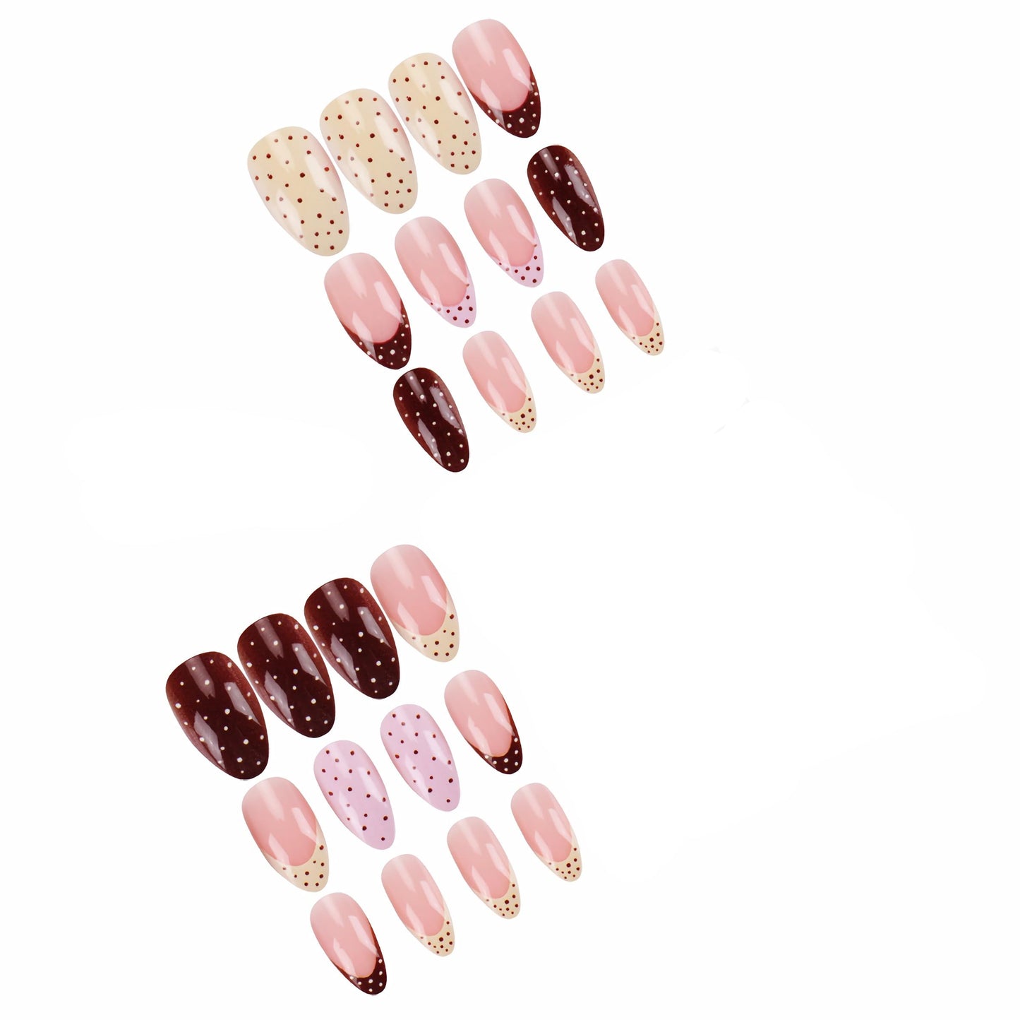 BABALAL Acrylic Press on Nails Short Almond Fake nails, Polka Dot, Brown Pink French Tip, Fall, Trendy, 24Pcs Glossy Full Cover Manicure False Nails with Glue