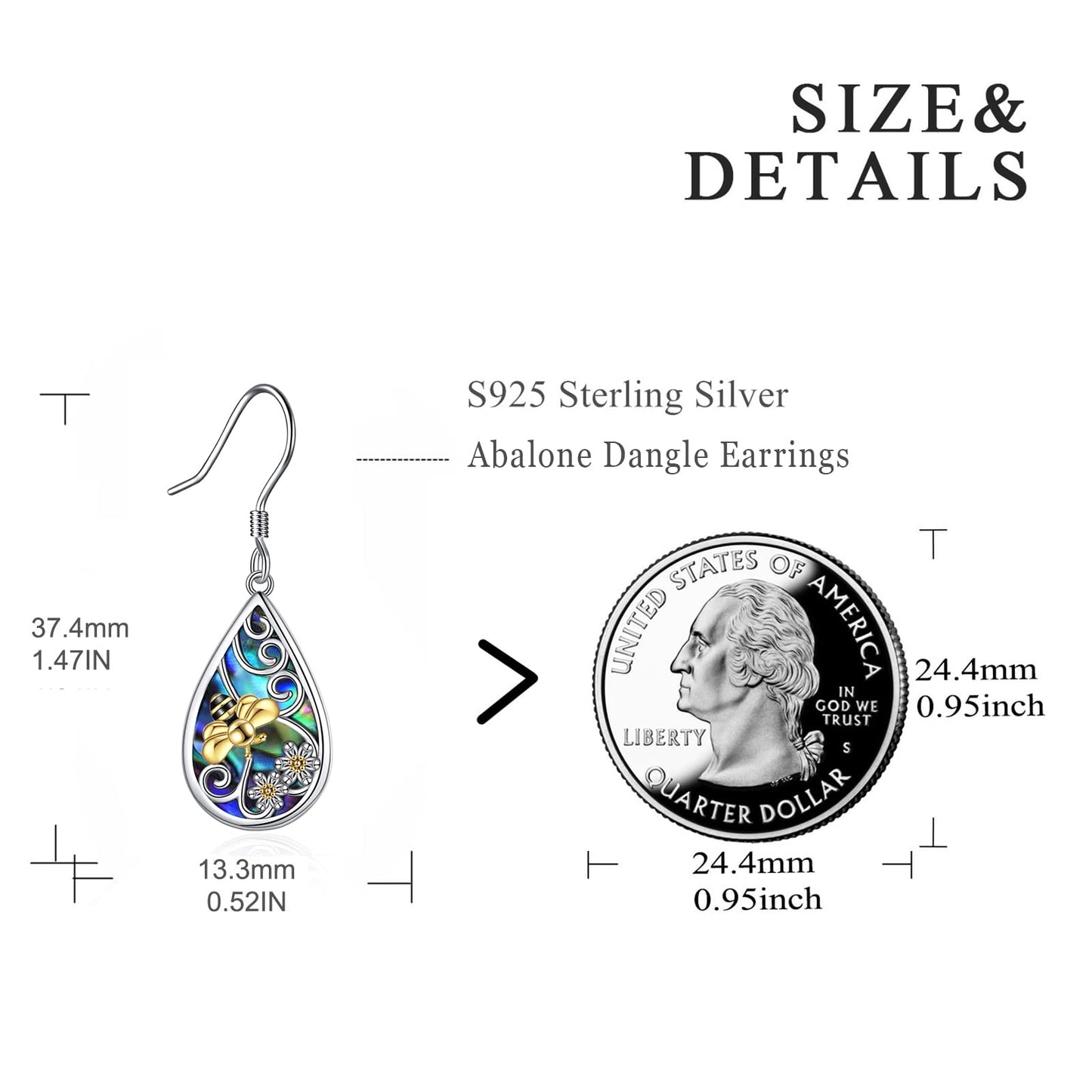 POPLYKE Bee Earrings Sterling Silver Leverback Earrings for Women Teardrop Abalone Dangle Earrings