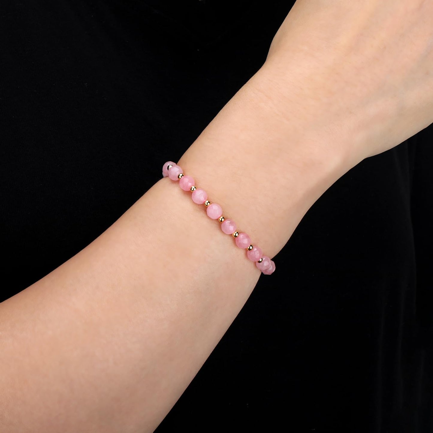 QOGIR Rose Quartz - Love Connection - 14K Gold Plated Beads Natural Gemstone Stretch Elastic Dainty Healing Beaded Bracelets Gifts 6mm