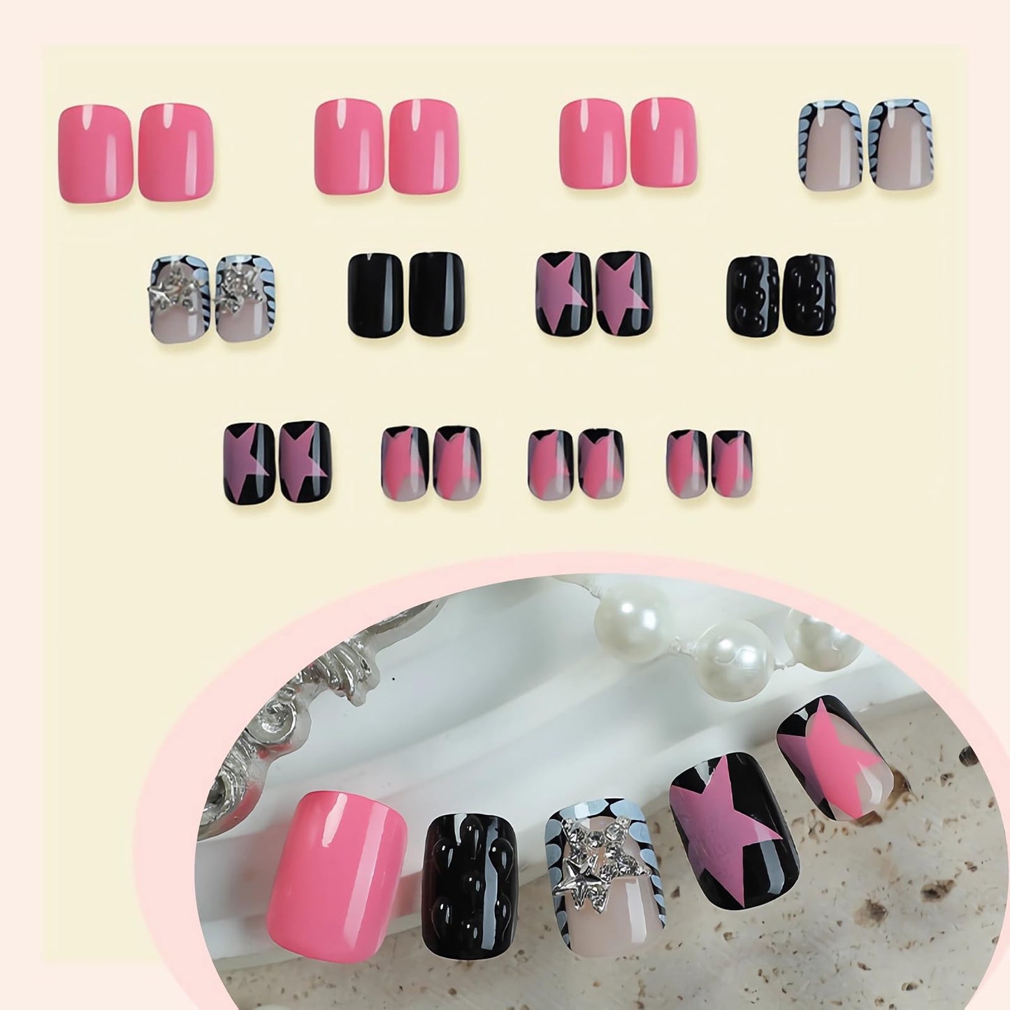 BABALAL Y2K Press On Nails, Short Square Fake Nails with Pink Star Print, Black White Acrylic Stick On Nails for Women 24Pcs