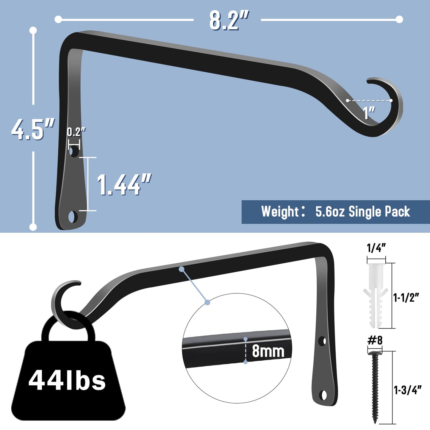 FEED GARDEN 2 Pack 8 Inch Hanging Plant Bracket Wall Hooks Decorative Plant Hangers for Outdoor Hanging Bird Feeders, Wind Chimes, Plant Baskets, Black